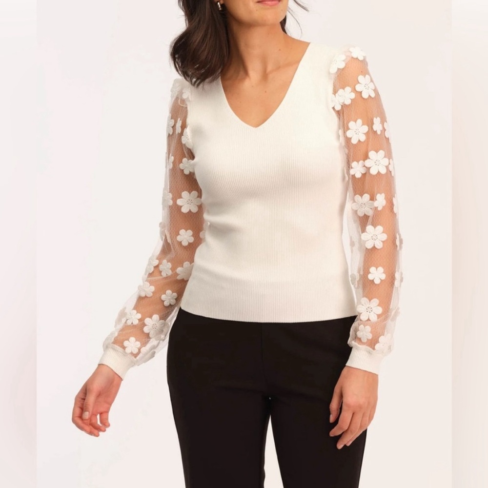 Anthropologie Cream Top with Floral Sheer Sleeves